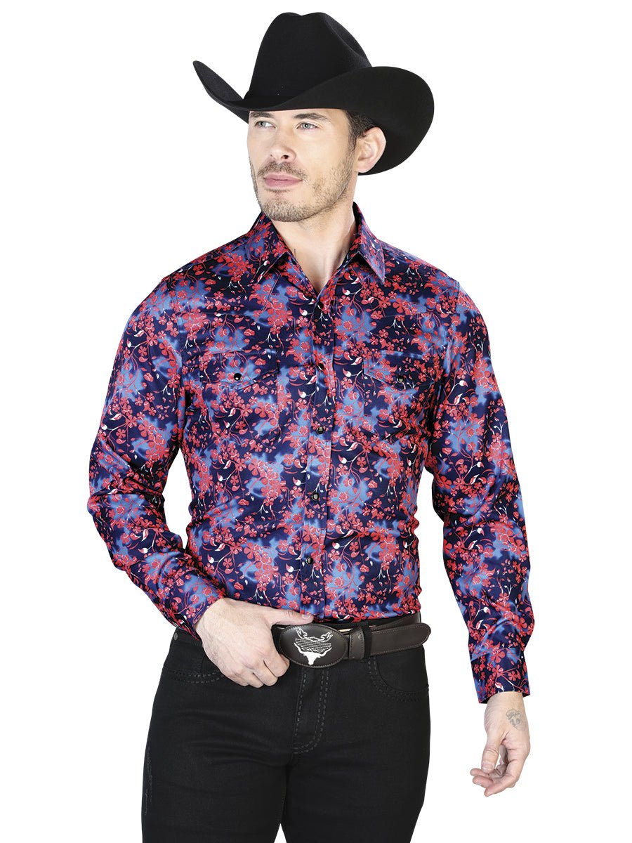 Men's Blue/Red Printed Long Sleeve Western Shirt 'El Señor de los Cielos' 43956 - BELLEZA'S - Men's Blue/Red Printed Long Sleeve Western Shirt 'El Señor de los Cielos' 43956 - Men's Shirt - 04395601