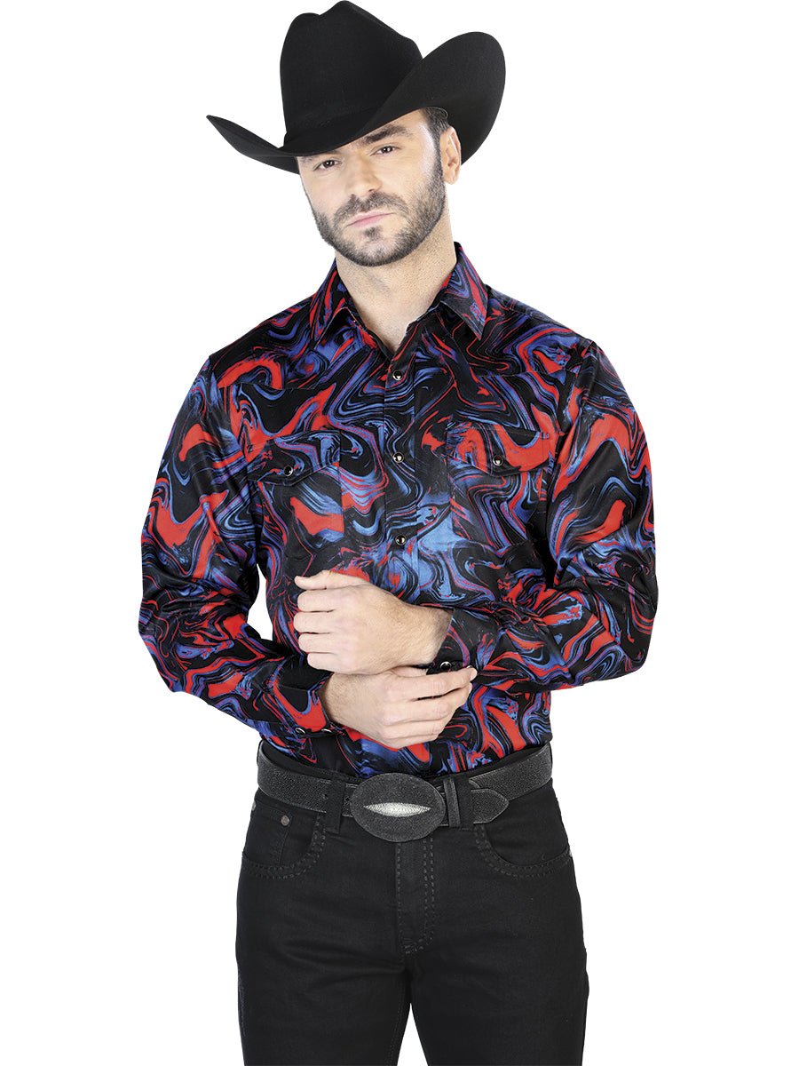 Men's Blue/Red Printed Long Sleeve Western Shirt 'El Señor de los Cielos' 44080 - BELLEZA'S - Men's Blue/Red Printed Long Sleeve Western Shirt 'El Señor de los Cielos' 44080 - Mens Shirt - 04408001