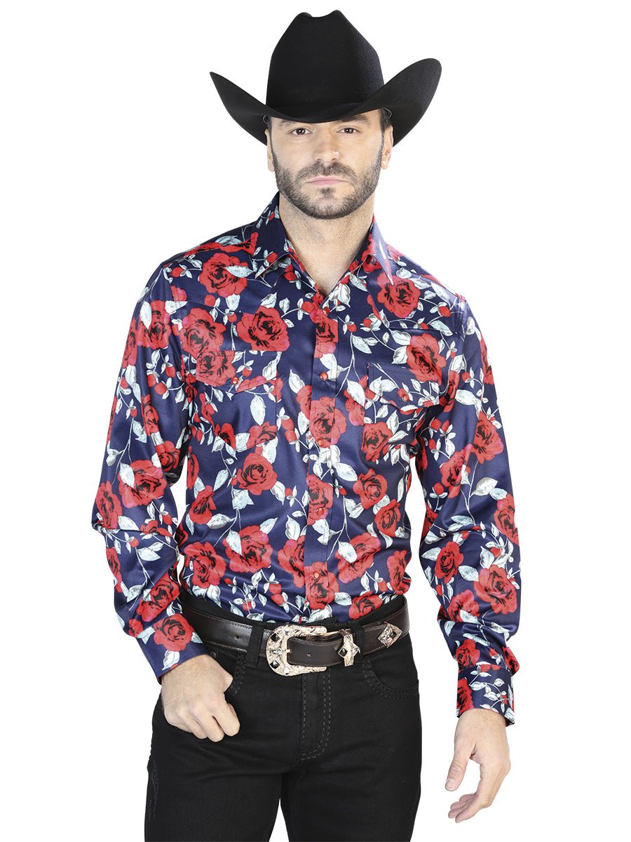 Men's Blue/Red Roses Floral Print Long Sleeve Western Shirt 'El Señor de los Cielos' 44098 - BELLEZA'S - Men's Blue/Red Roses Floral Print Long Sleeve Western Shirt 'El Señor de los Cielos' 44098 - Men's Shirt - 04409801