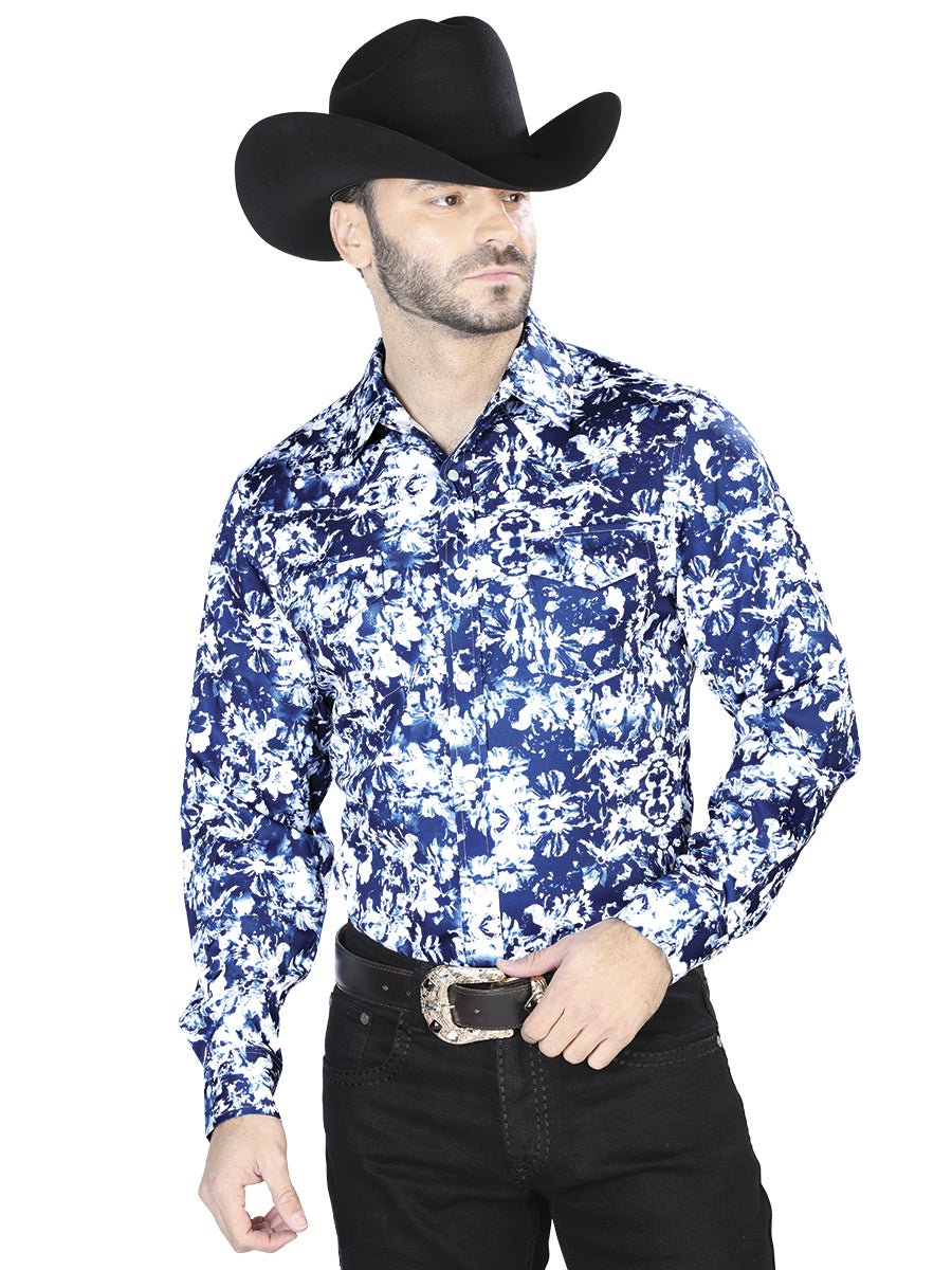 Men's Blue/White Print Long Sleeve Snap Western Shirt 'El Señor de los Cielos' 44091 - BELLEZA'S - Men's Blue/White Print Long Sleeve Snap Western Shirt 'El Señor de los Cielos' 44091 - Men's Shirt - 04409101