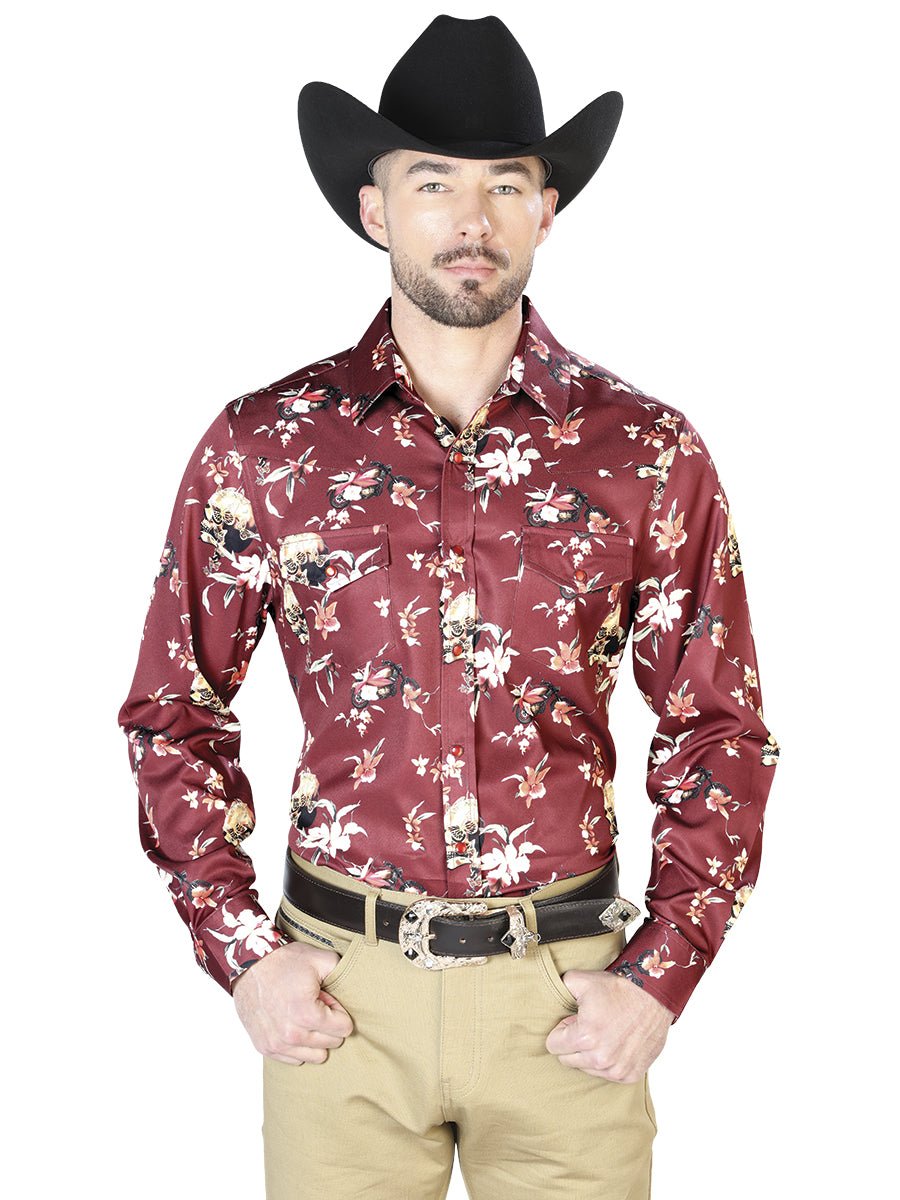 Men's Burgandy Flowers Printed Long Sleeve Western Shirt 'El Señor de los Cielos' 43951 - BELLEZA'S - Men's Burgandy Flowers Printed Long Sleeve Western Shirt 'El Señor de los Cielos' 43951 - Men's Shirt - 04395101