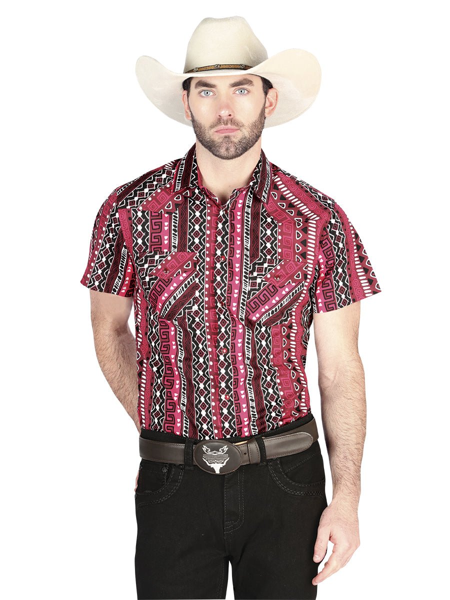 Men's Burgundy Short Sleeve Shirt Western Cowboy El Señor De Los Cielos 44456 - BELLEZA'S - Men's Burgundy Short Sleeve Shirt Western Cowboy El Señor De Los Cielos 44456 - Men's Shirt - 04445601