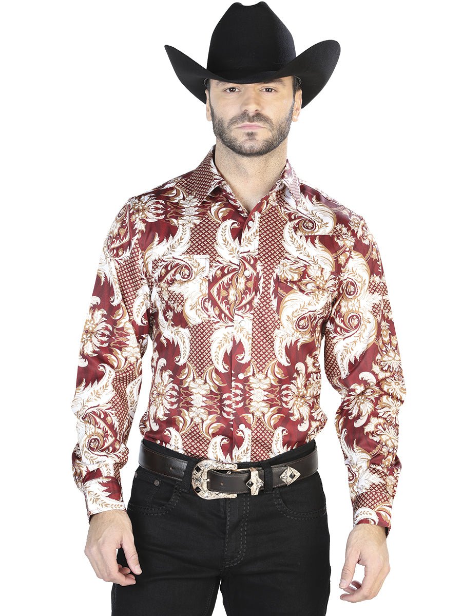 Men's Burgundy/Gold Printed Long Sleeve Western Shirt 'El Señor de los Cielos' 44071 - BELLEZA'S - Men's Burgundy/Gold Printed Long Sleeve Western Shirt 'El Señor de los Cielos' 44071 - Mens Shirt - 04407101