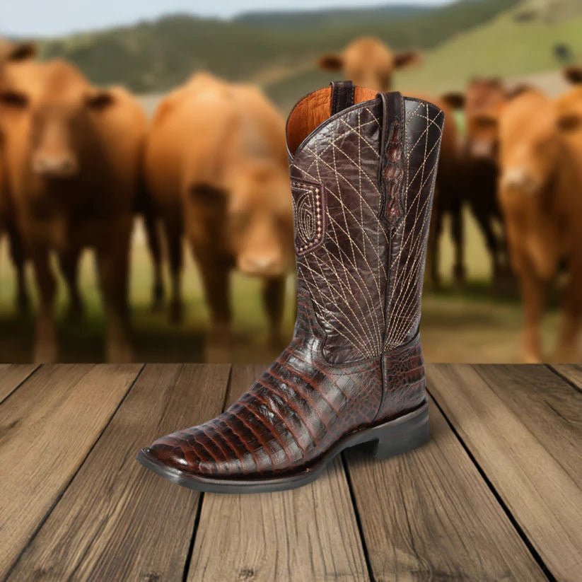 Men's Caiman Belly Printed Cow Leather Rodeo Cowboy Boots 'El General' Brown 44672 - BELLEZA'S - Men's Caiman Belly Printed Cow Leather Rodeo Cowboy Boots 'El General' Brown 44672 - Men's Boot - 04467201