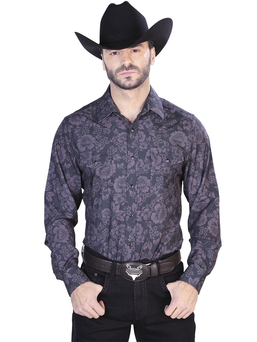 Men's Dark Gray Floral Print Long Sleeve Western Shirt 'El Señor de los Cielos' 44100 - BELLEZA'S - Men's Dark Gray Floral Print Long Sleeve Western Shirt 'El Señor de los Cielos' 44100 - Men's Shirt - 04410001