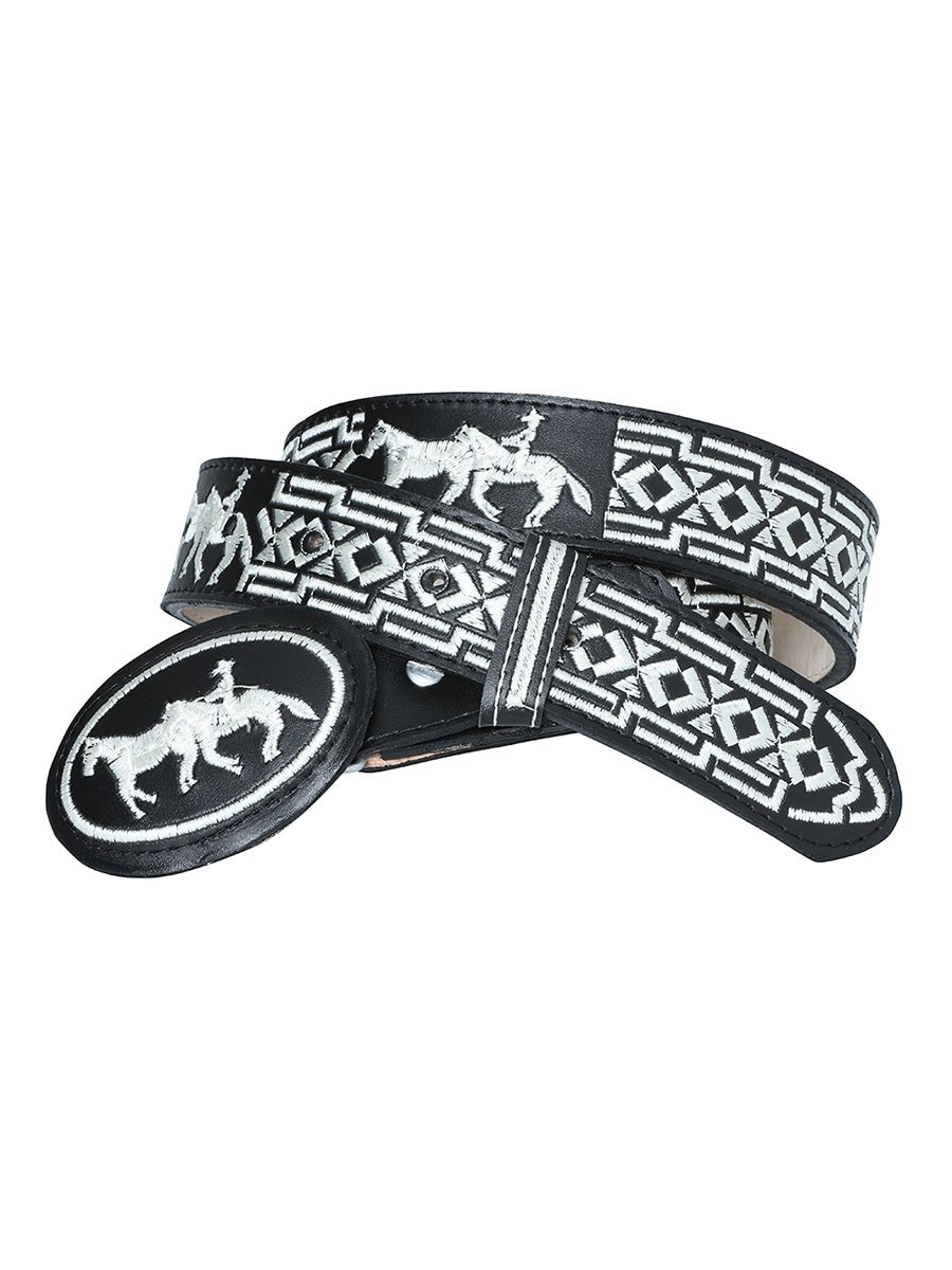 Men's Embroidered Leather Cowboy Belt With Horses, 1 1/2" Width 'El General' 41690 - BELLEZA'S - Men's Embroidered Leather Cowboy Belt With Horses, 1 1/2" Width 'El General' 41690 - Men's Belts - 04169001