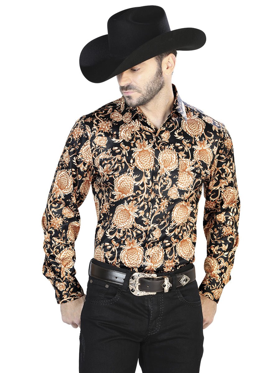 Men's Gold/Black Print Casual Long Sleeve Western Shirt 'El Señor de los Cielos' 44092 - BELLEZA'S - Men's Gold/Black Print Casual Long Sleeve Western Shirt 'El Señor de los Cielos' 44092 - Men's Shirt - 04409201