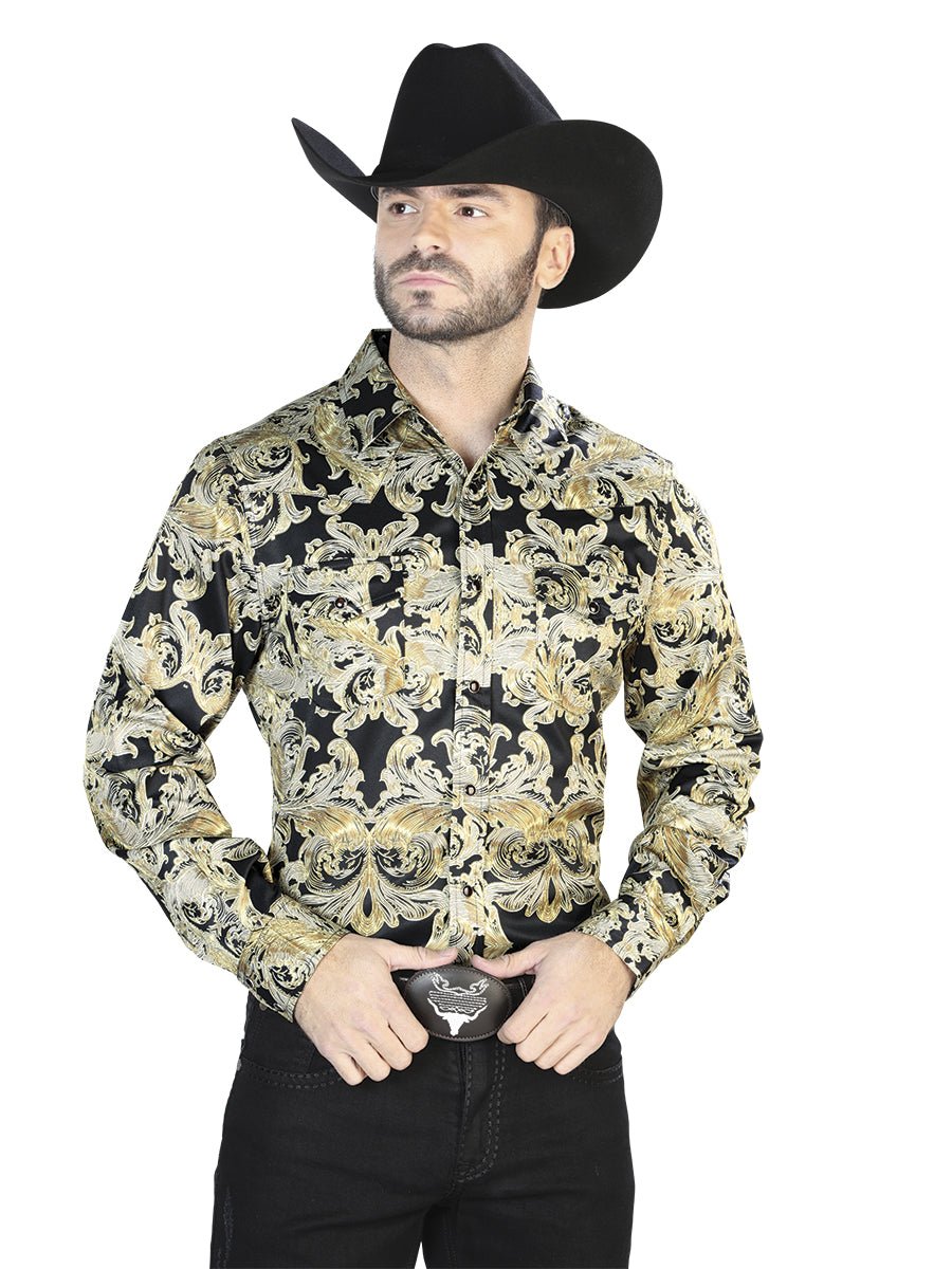 Men's Gold/Black Print Long Sleeve Western Shirt 'El Señor de los Cielos' 44106 - BELLEZA'S - Men's Gold/Black Print Long Sleeve Western Shirt 'El Señor de los Cielos' 44106 - Mens Shirt - 04410601