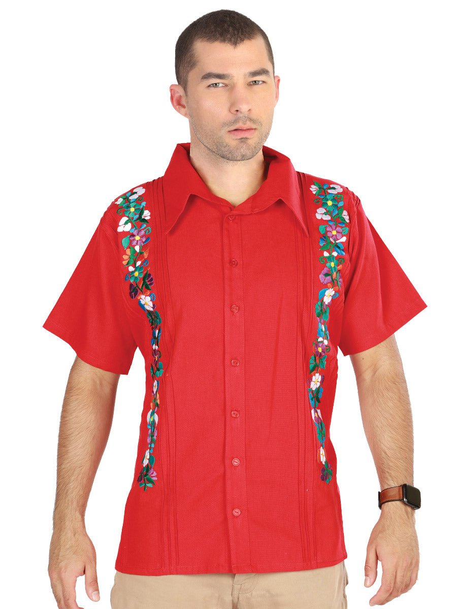 Men's Mexican Embroidered Guayabera Shirt 100% Cotton Red 603111 - BELLEZA'S - Men's Mexican Embroidered Guayabera Shirt 100% Cotton Red 603111 - Men's Shirt Guayabera - 60311101