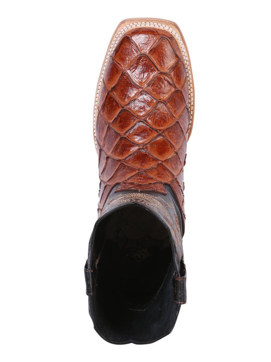 Men's Monster Fish Print Pirarucu Leather Rodeo Cowboy Boots 'El General' Cognac 41793 - BELLEZA'S - Men's Monster Fish Print Pirarucu Leather Rodeo Cowboy Boots 'El General' Cognac 41793 - Men's Boot - 04179301
