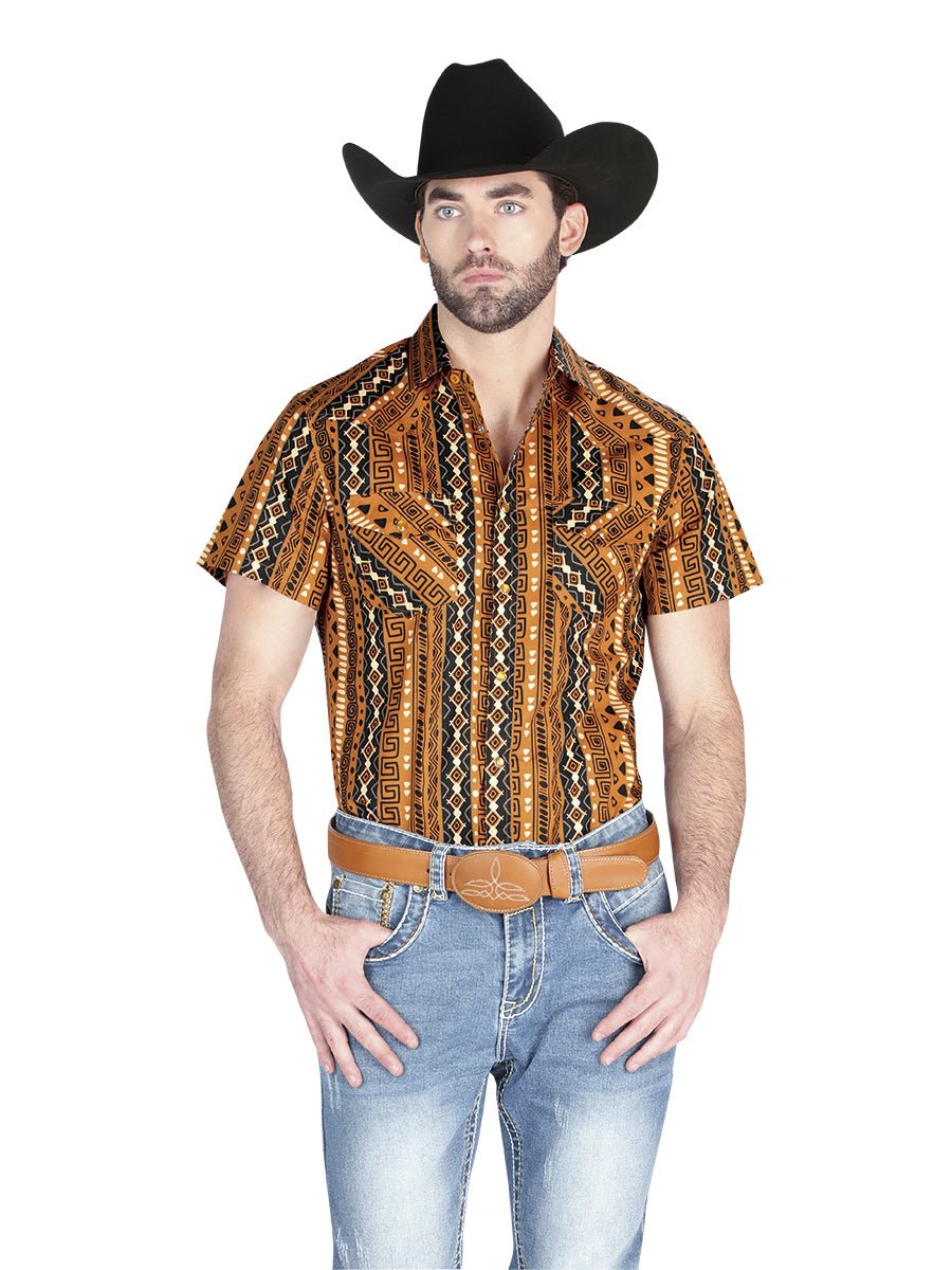Men's Mustard Short Sleeve Shirt Western Cowboy El Señor De Los Cielos 44455 - BELLEZA'S - Men's Mustard Short Sleeve Shirt Western Cowboy El Señor De Los Cielos 44455 - Men's Shirt - 04445501