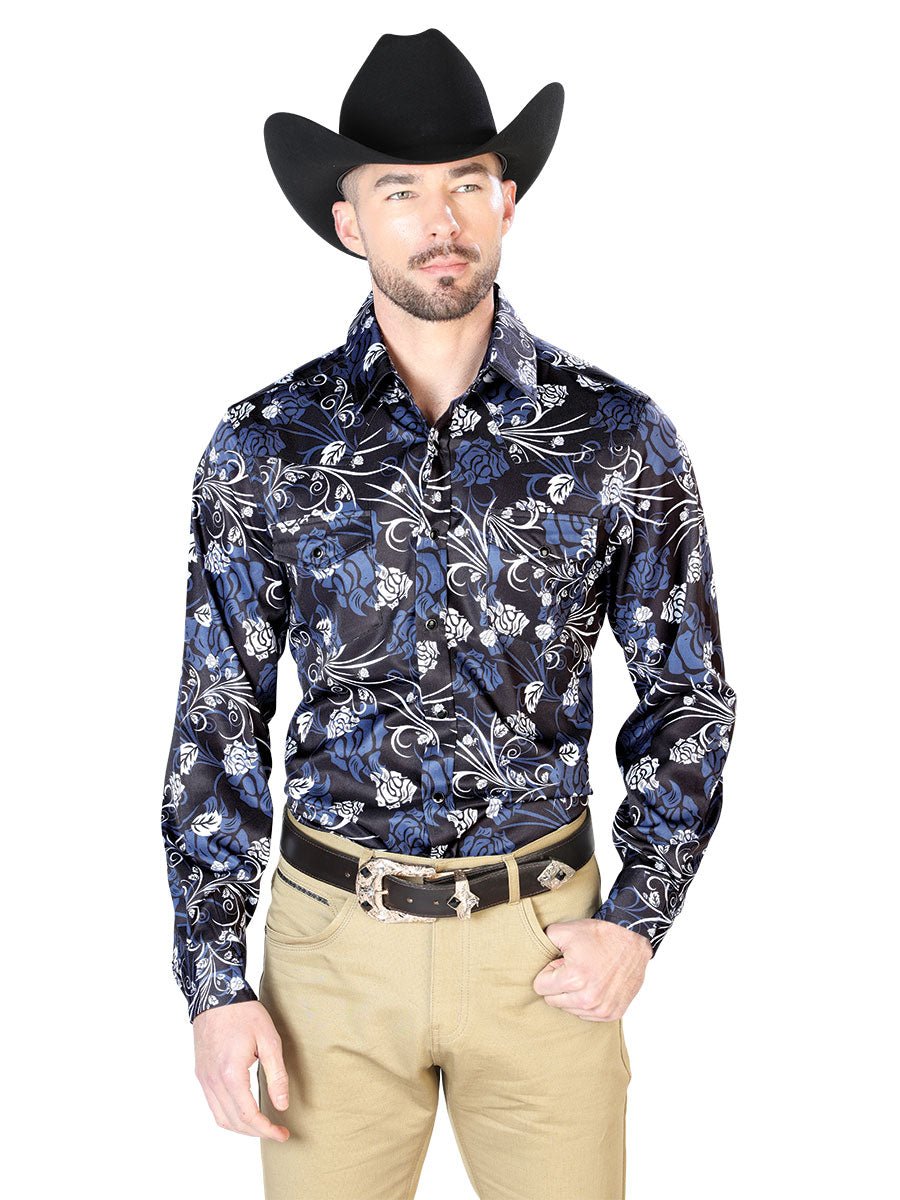 Men's Navy Floral Printed Long Sleeve Western Shirt 'El Señor de los Cielos' 43959 - BELLEZA'S - Men's Navy Floral Printed Long Sleeve Western Shirt 'El Señor de los Cielos' 43959 - Men's Shirt - 04395901