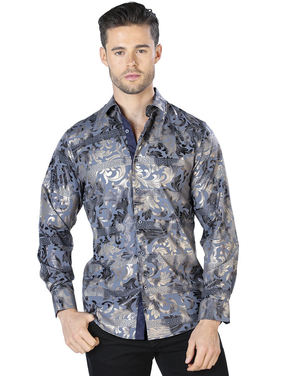 Men's Navy/Gold Printed Long Sleeve Western Shirt 'El Señor de los Cielos' 44038 - BELLEZA'S - Men's Navy/Gold Printed Long Sleeve Western Shirt 'El Señor de los Cielos' 44038 - Mens Shirt - 04403801