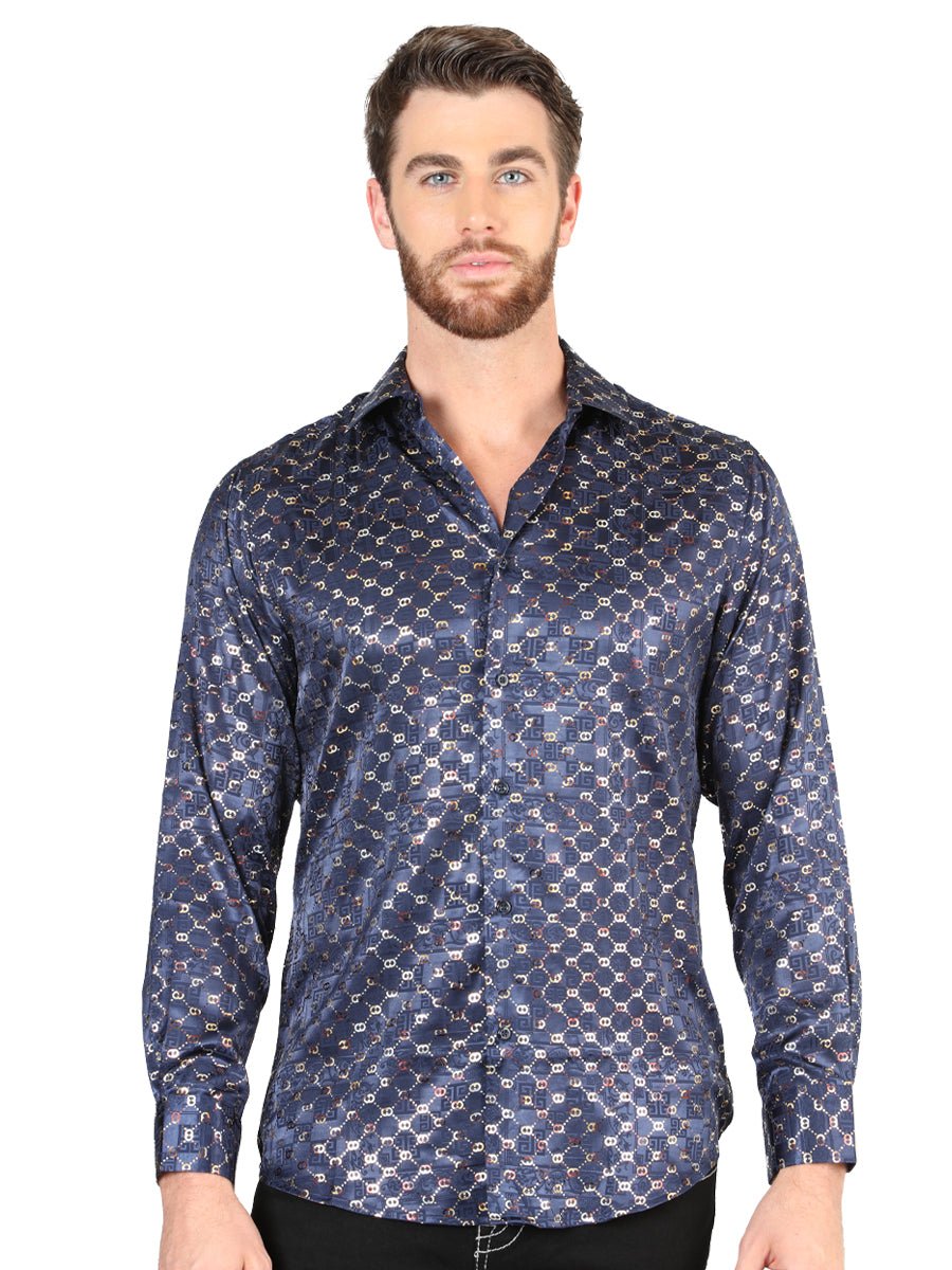 Men's Navy/Gold Printed Long Sleeve Western Shirt 'El Señor de los Cielos' 44548 - BELLEZA'S - Men's Navy/Gold Printed Long Sleeve Western Shirt 'El Señor de los Cielos' 44548 - Men's Shirt - 04454801