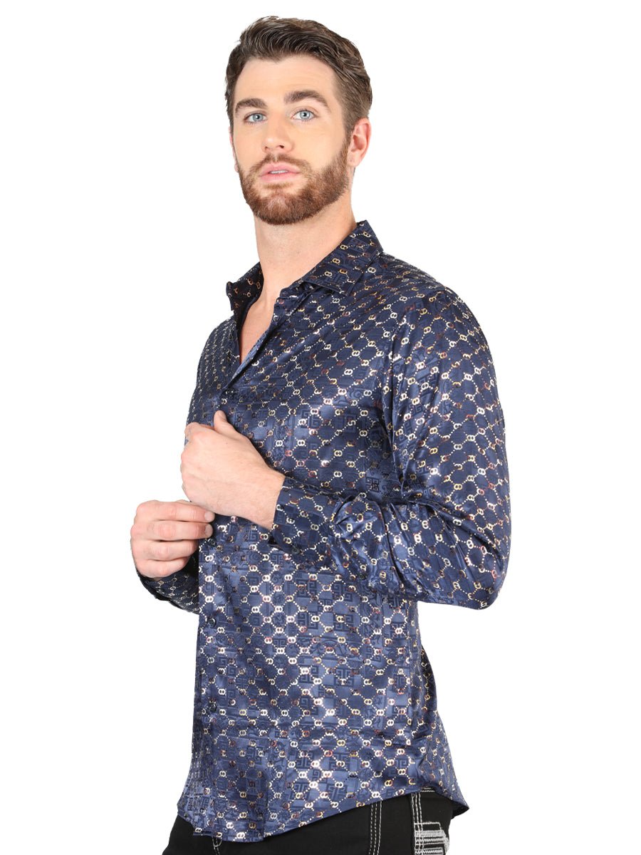 Men's Navy/Gold Printed Long Sleeve Western Shirt 'El Señor de los Cielos' 44548 - BELLEZA'S - Men's Navy/Gold Printed Long Sleeve Western Shirt 'El Señor de los Cielos' 44548 - Men's Shirt - 04454801