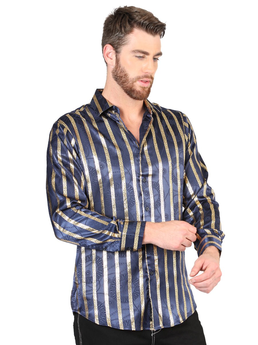 Men's Navy/Gold Printed Long Sleeve Western Shirt 'El Señor de los Cielos' 44553 - BELLEZA'S - Men's Navy/Gold Printed Long Sleeve Western Shirt 'El Señor de los Cielos' 44553 - Men's Shirt - 04455301