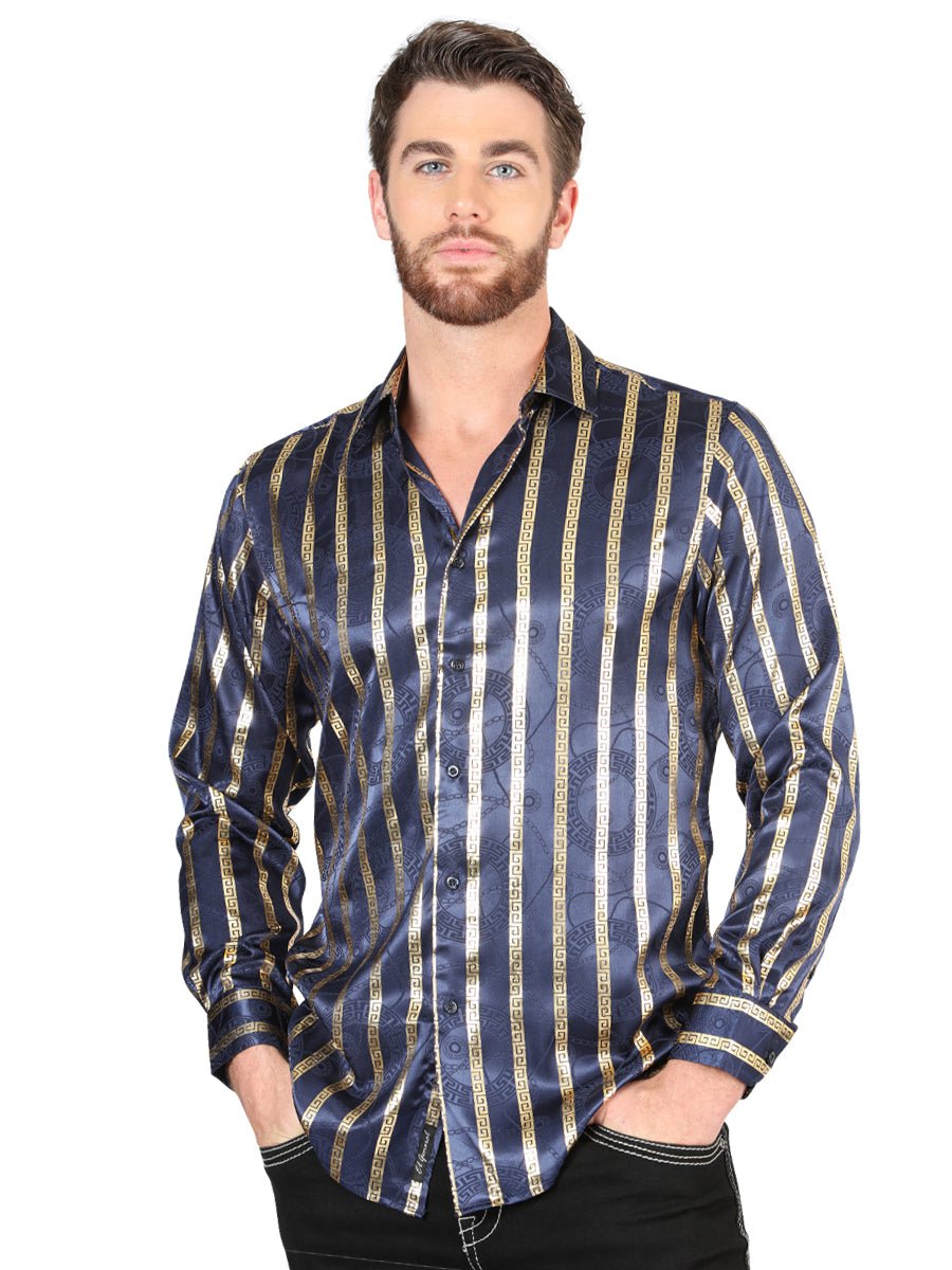 Men's Navy/Gold Printed Long Sleeve Western Shirt 'El Señor de los Cielos' 44553 - BELLEZA'S - Men's Navy/Gold Printed Long Sleeve Western Shirt 'El Señor de los Cielos' 44553 - Men's Shirt - 04455301