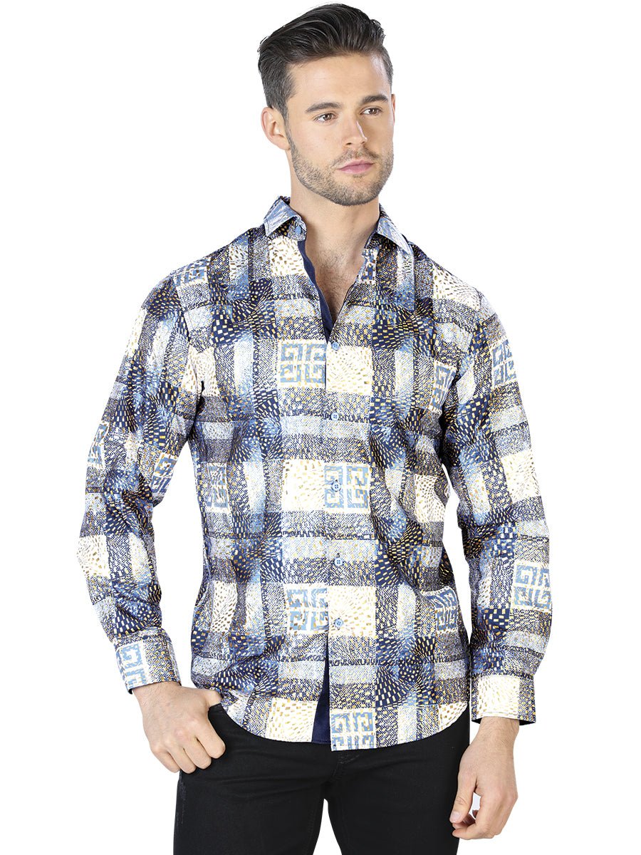 Men's Navy/Gray Printed Long Sleeve Western Shirt 'El Señor de los Cielos' 44009 - BELLEZA'S - Men's Navy/Gray Printed Long Sleeve Western Shirt 'El Señor de los Cielos' 44009 - Mens Shirt - 04400901