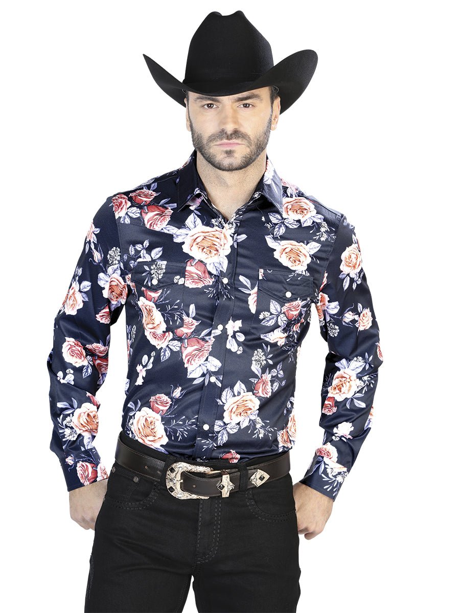 Men's Navy/Roses Floral Casual Print Long Sleeve Shirt 'El Señor de los Cielos' 44089 - BELLEZA'S - Men's Navy/Roses Floral Casual Print Long Sleeve Shirt 'El Señor de los Cielos' 44089 - Men's Shirt - 04408901