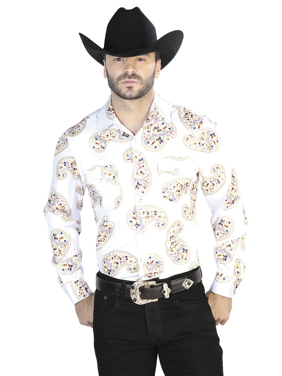 Men's Off White/Gold Print Long Sleeve Snap Western Shirt 'El Señor de los Cielos' 44064 - BELLEZA'S - Men's Off White/Gold Print Long Sleeve Snap Western Shirt 'El Señor de los Cielos' 44064 - Men's Shirt - 04406401