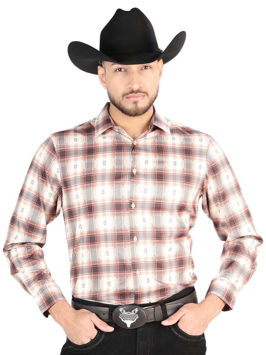 Men's Orange/Beige Printed Long Sleeve Western Shirt 'El Señor de los Cielos' 44699 - BELLEZA'S - Men's Orange/Beige Printed Long Sleeve Western Shirt 'El Señor de los Cielos' 44699 - Men's Shirt - 04469901