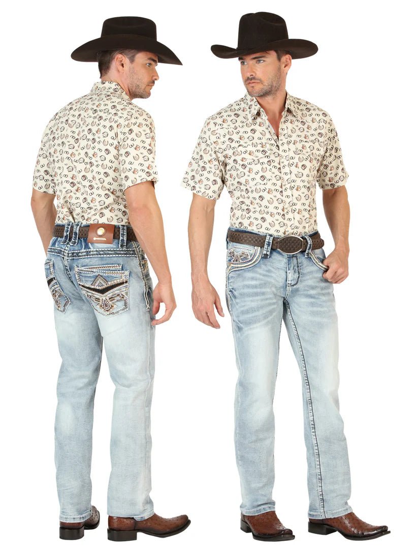 Men's Premium Denim Boot Cut Pants Medium Blue 'Centenario' 45533 - BELLEZA'S - Men's Premium Denim Boot Cut Pants Medium Blue 'Centenario' 45533 - Men's Pants - 04553301