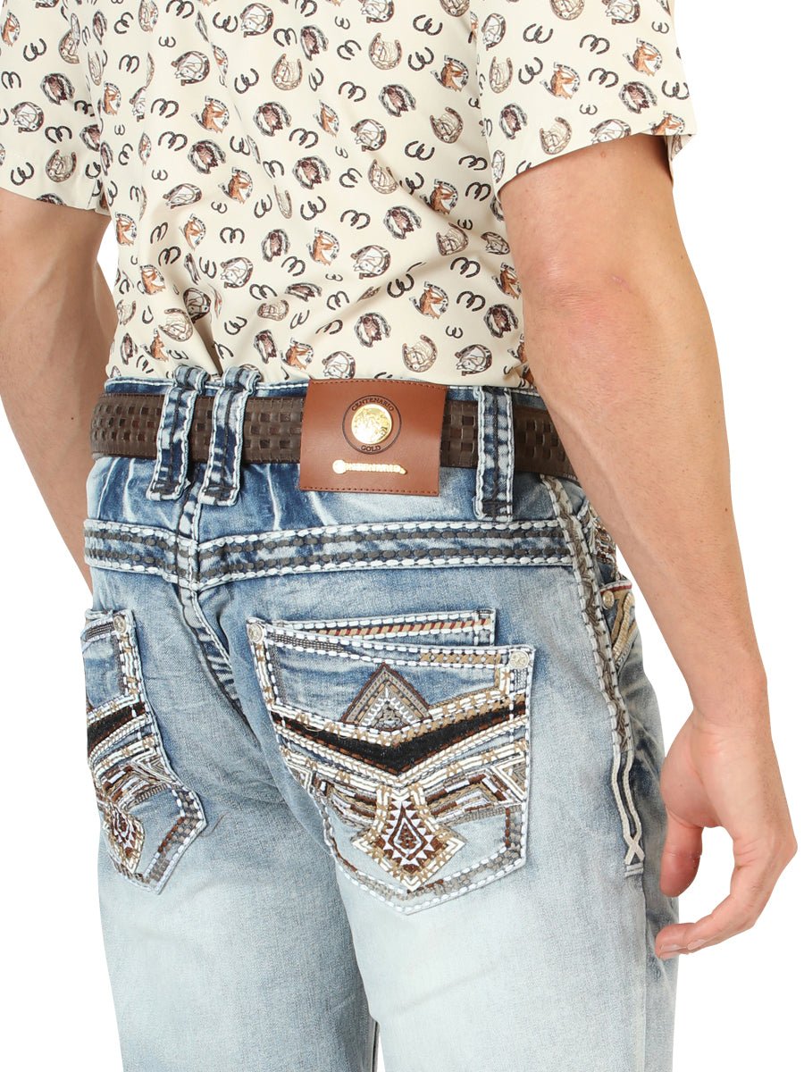 Men's Premium Denim Boot Cut Pants Medium Blue 'Centenario' 45533 - BELLEZA'S - Men's Premium Denim Boot Cut Pants Medium Blue 'Centenario' 45533 - Men's Pants - 04553301