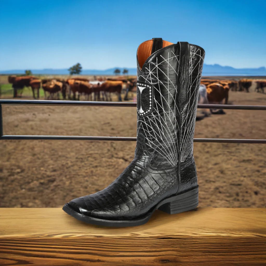 Men's Printed Alligator Leather Rodeo Western Cowboy Boots 'El General' Black 44671 - BELLEZA'S - Men's Printed Alligator Leather Rodeo Western Cowboy Boots 'El General' Black 44671 - Men's Boot - 04467101