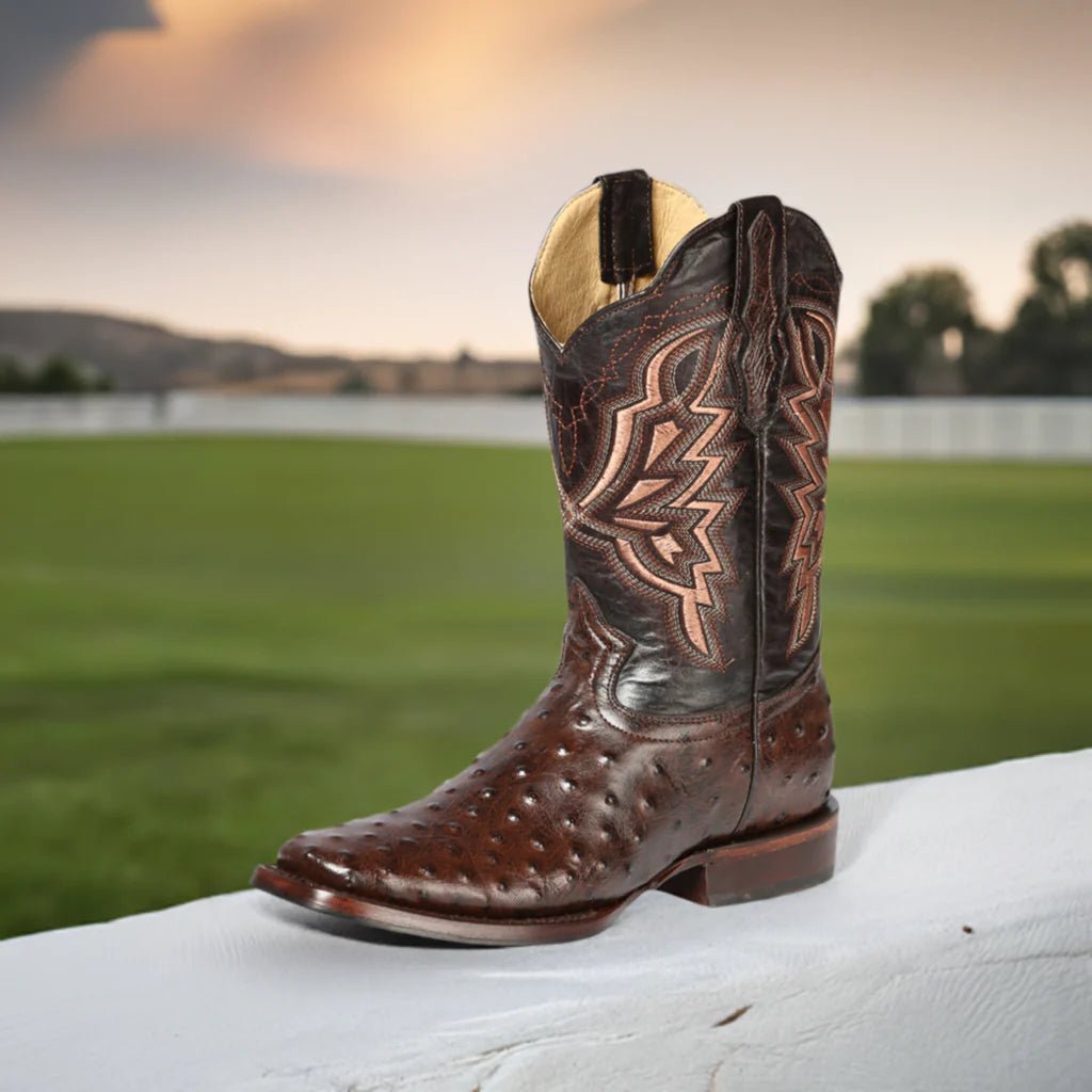 Men's Printed Ostrich Engraved Leather Western Cowboy Boots 'El General' Brown 44665 - BELLEZA'S - Men's Printed Ostrich Engraved Leather Western Cowboy Boots 'El General' Brown 44665 - Men's Boot - 04466501