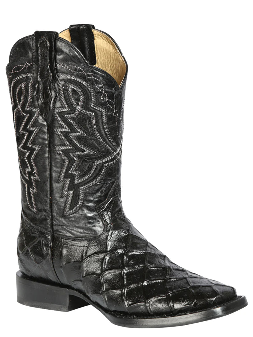Men's Rodeo Cowboy Boots Imit. Pirarucu Monster Fish Engraved 'El General' Black 44663 - BELLEZA'S - Men's Rodeo Cowboy Boots Imit. Pirarucu Monster Fish Engraved 'El General' Black 44663 - Men's Boot - 04466301