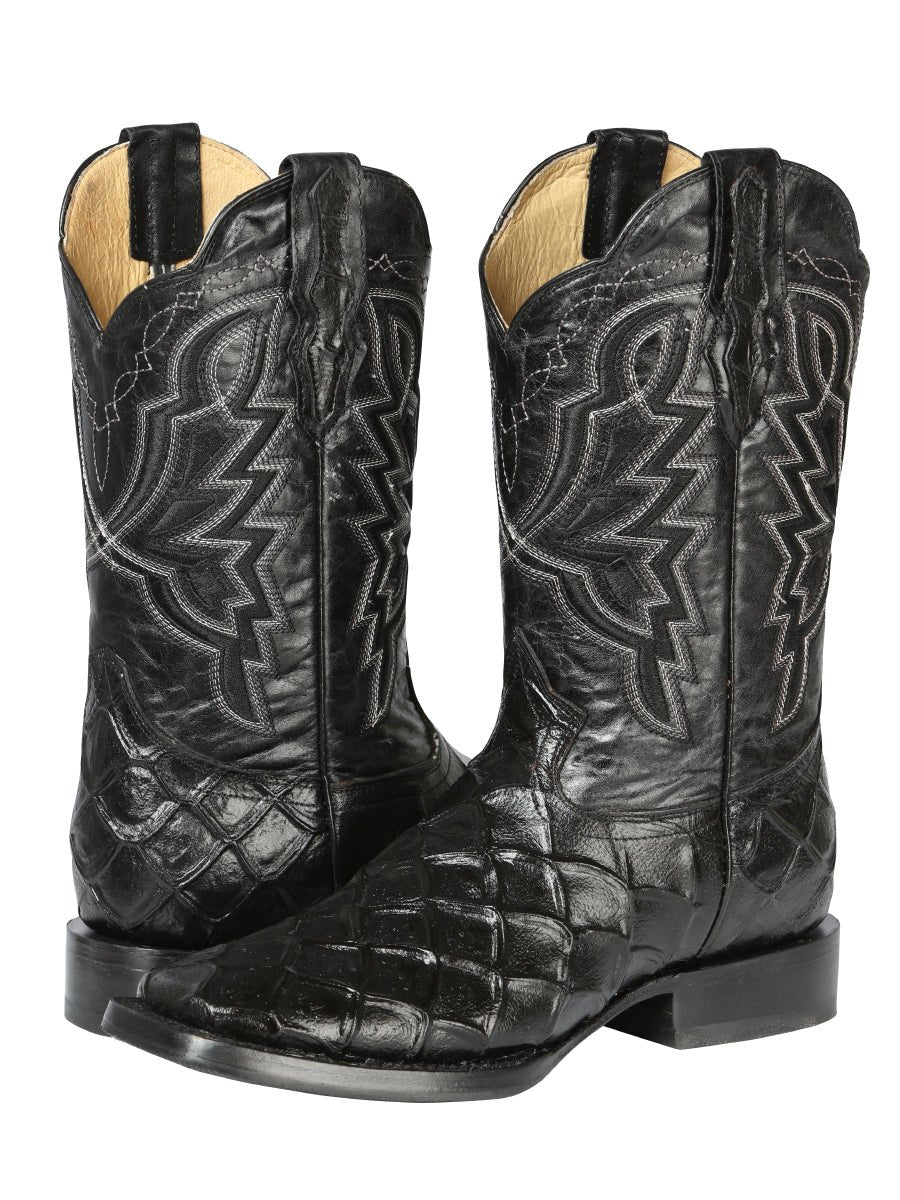 Men's Rodeo Cowboy Boots Imit. Pirarucu Monster Fish Engraved 'El General' Black 44663 - BELLEZA'S - Men's Rodeo Cowboy Boots Imit. Pirarucu Monster Fish Engraved 'El General' Black 44663 - Men's Boot - 04466301