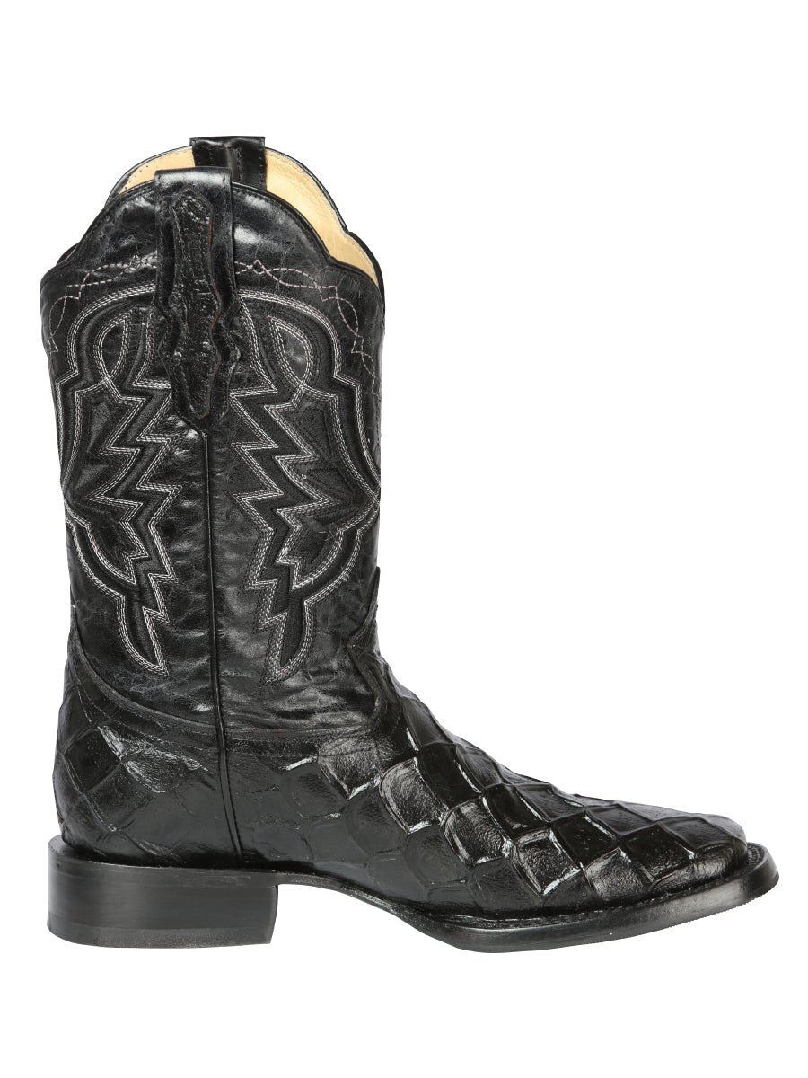 Men's Rodeo Cowboy Boots Imit. Pirarucu Monster Fish Engraved 'El General' Black 44663 - BELLEZA'S - Men's Rodeo Cowboy Boots Imit. Pirarucu Monster Fish Engraved 'El General' Black 44663 - Men's Boot - 04466301