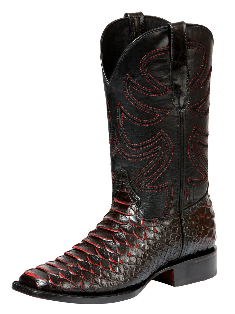 Men’s Rodeo Leather Imitation Python Cowboy Boots 'El General' Black/Red 45565 - BELLEZA'S - Men’s Rodeo Leather Imitation Python Cowboy Boots 'El General' Black/Red 45565 - Men's Boot - 04556501