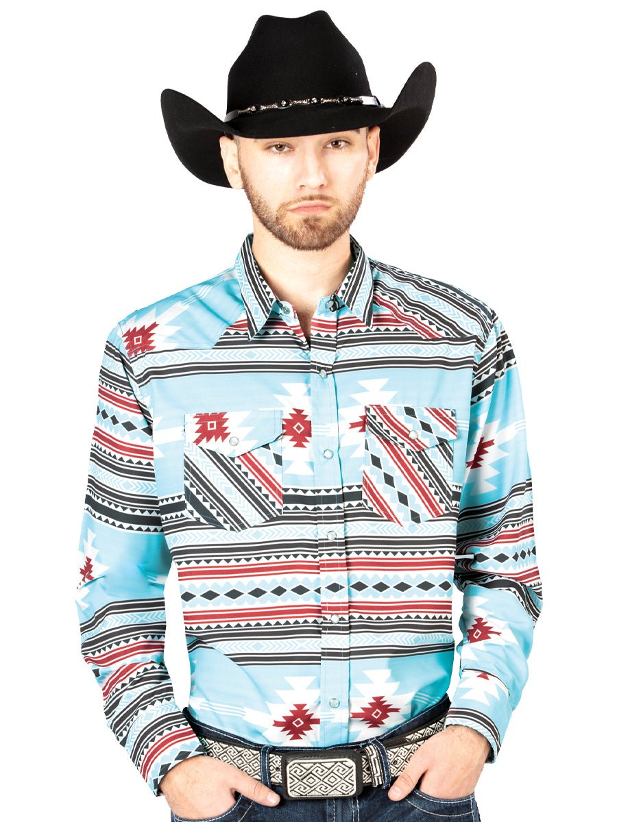 Men's Sky Blue Print Casual Long Sleeve Western Shirt 'El Señor de los Cielos' 44207 - BELLEZA'S - Men's Sky Blue Print Casual Long Sleeve Western Shirt 'El Señor de los Cielos' 44207 - Men's Shirt - 04420701