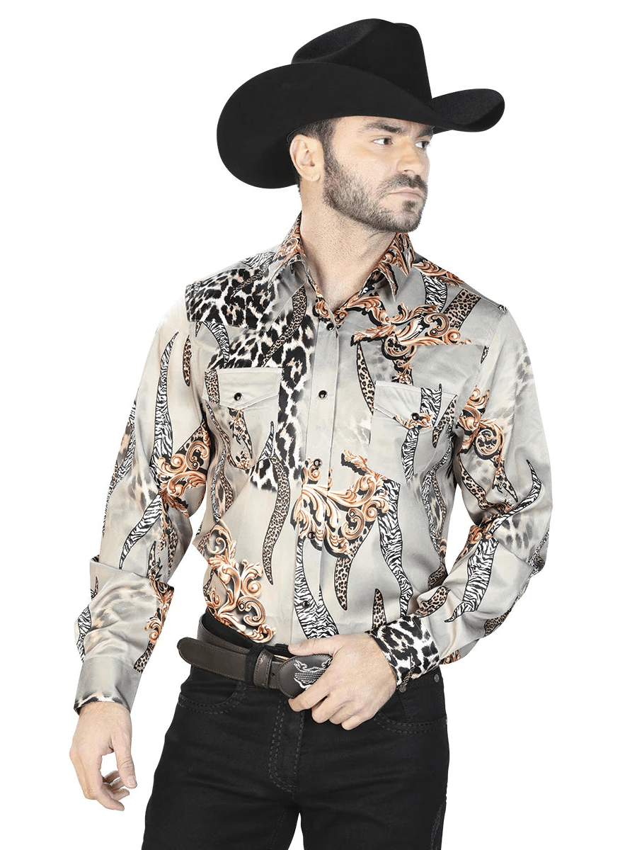 Men's Taupe Print Casual Long Sleeve Western Shirt 'El Señor de los Cielos' 44102 - BELLEZA'S - Men's Taupe Print Casual Long Sleeve Western Shirt 'El Señor de los Cielos' 44102 - Men's Shirt - 04410201