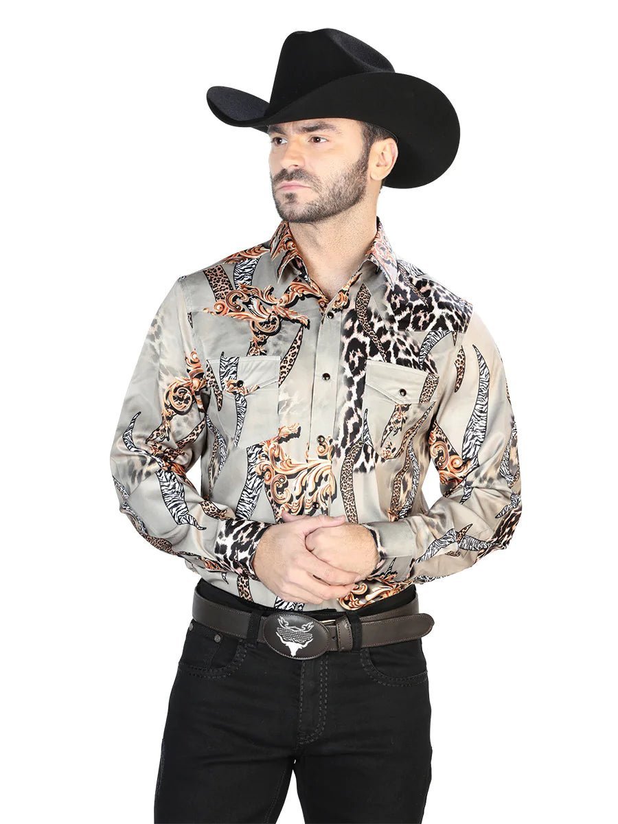 Men's Taupe Print Casual Long Sleeve Western Shirt 'El Señor de los Cielos' 44102 - BELLEZA'S - Men's Taupe Print Casual Long Sleeve Western Shirt 'El Señor de los Cielos' 44102 - Men's Shirt - 04410201