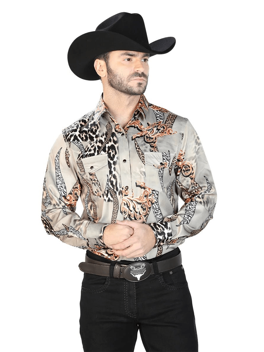 Men's Taupe Print Casual Long Sleeve Western Shirt 'El Señor de los Cielos' 44102 - BELLEZA'S - Men's Taupe Print Casual Long Sleeve Western Shirt 'El Señor de los Cielos' 44102 - Men's Shirt - 04410201