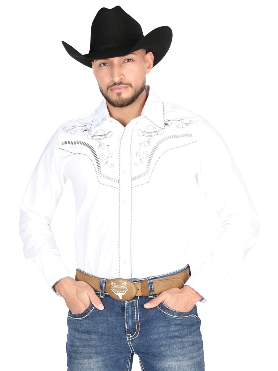 Men's White Embroidered Long Sleeve Western Shirt 'El General' White 44298 - BELLEZA'S - Men's White Embroidered Long Sleeve Western Shirt 'El General' White 44298 - Men's Shirt - 04429801