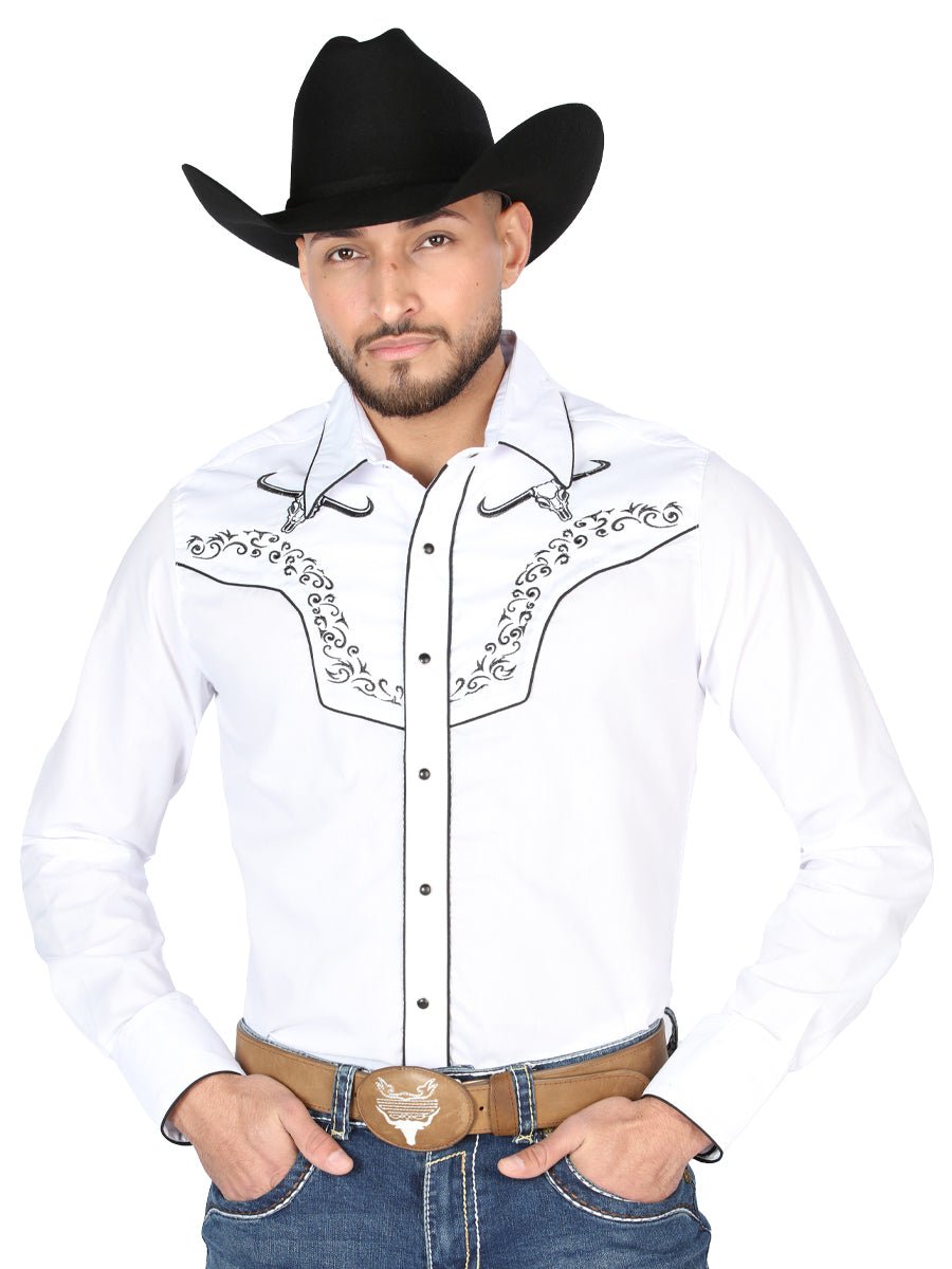 Men's White Embroidered Long Sleeve Western Shirt 'El General' White 44302 - BELLEZA'S - Men's White Embroidered Long Sleeve Western Shirt 'El General' White 44302 - Men's Shirt - 04430201