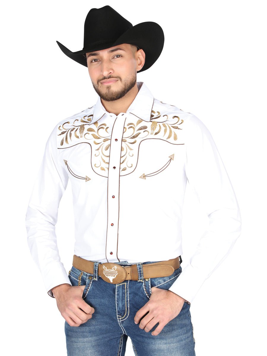 Men's White Embroidered Long Sleeve Western Shirt 'El General' White/Gold 44295 - BELLEZA'S - Men's White Embroidered Long Sleeve Western Shirt 'El General' White/Gold 44295 - Men's Shirt - 04429501
