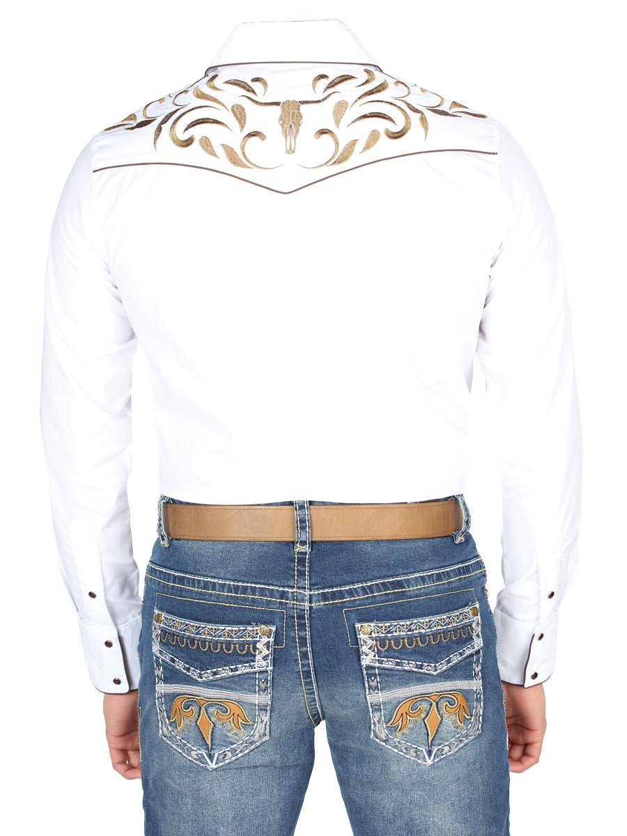 Men's White Embroidered Long Sleeve Western Shirt 'El General' White/Gold 44295 - BELLEZA'S - Men's White Embroidered Long Sleeve Western Shirt 'El General' White/Gold 44295 - Men's Shirt - 04429501