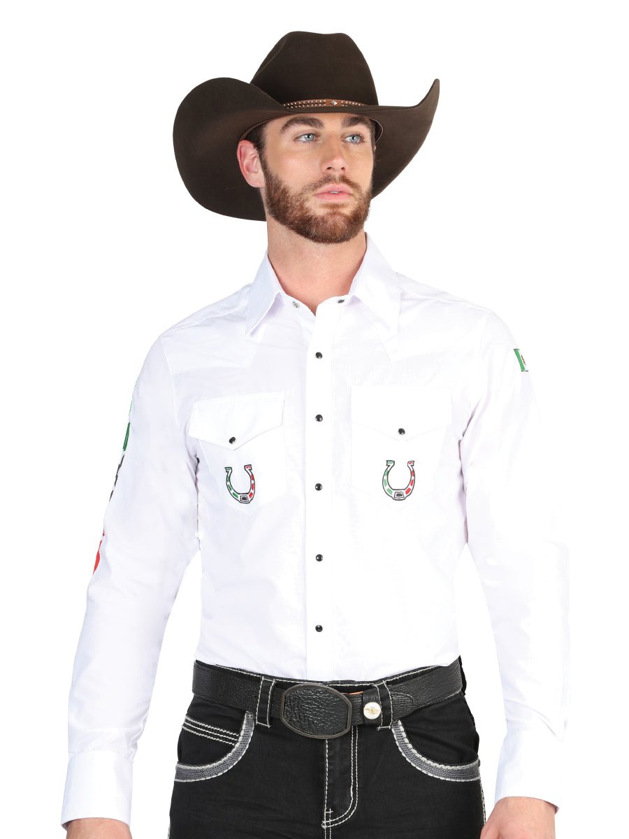 Men's White Mexico Embroidered Long Sleeve Western Shirt 'El General' White 44282 - BELLEZA'S - Men's White Mexico Embroidered Long Sleeve Western Shirt 'El General' White 44282 - Men's Shirt - 04428201