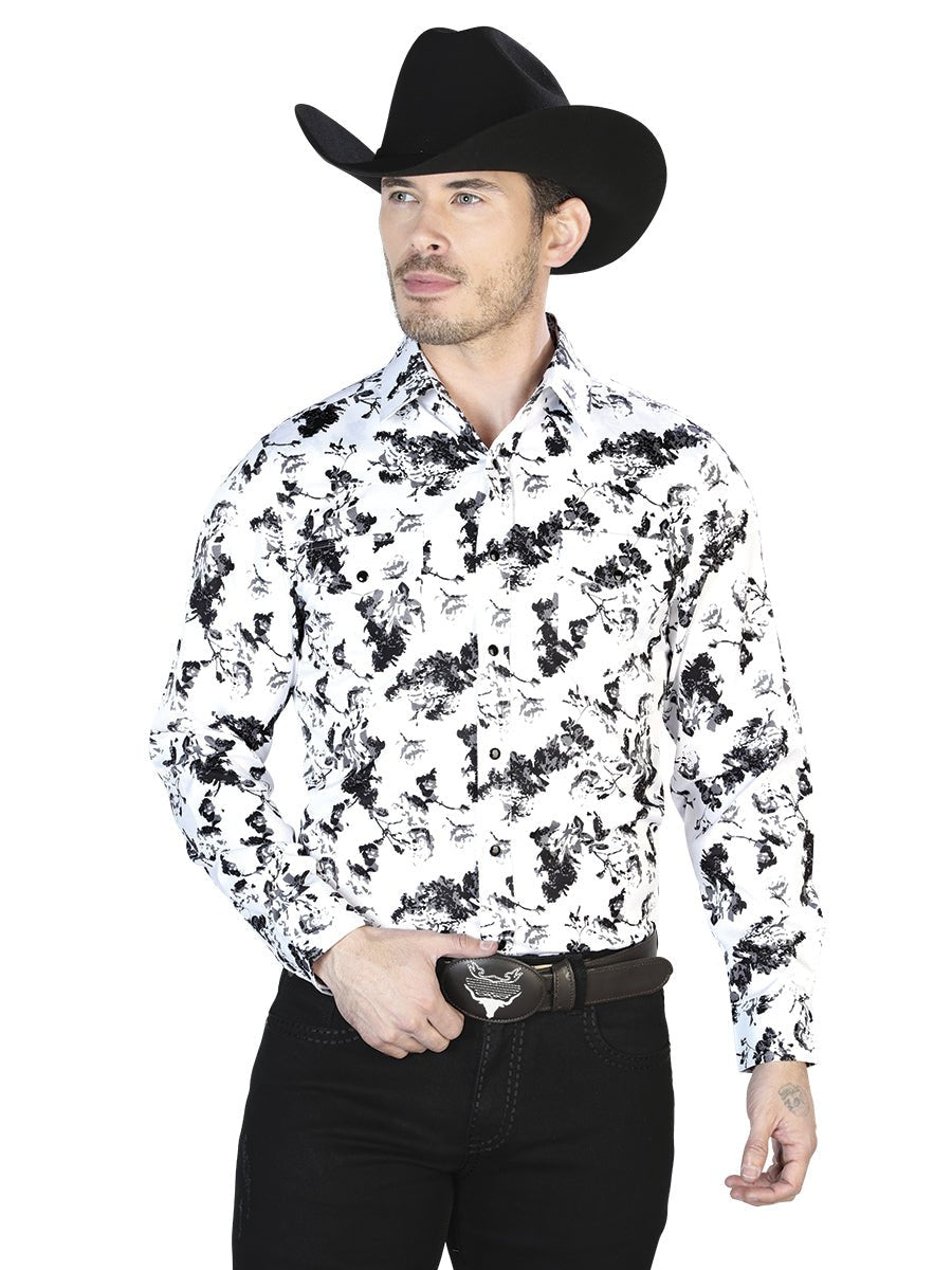Men's White/Black Printed Long Sleeve Western Shirt 'El Señor de los Cielos' 43952 - BELLEZA'S - Men's White/Black Printed Long Sleeve Western Shirt 'El Señor de los Cielos' 43952 - Men's Shirt - 04395201