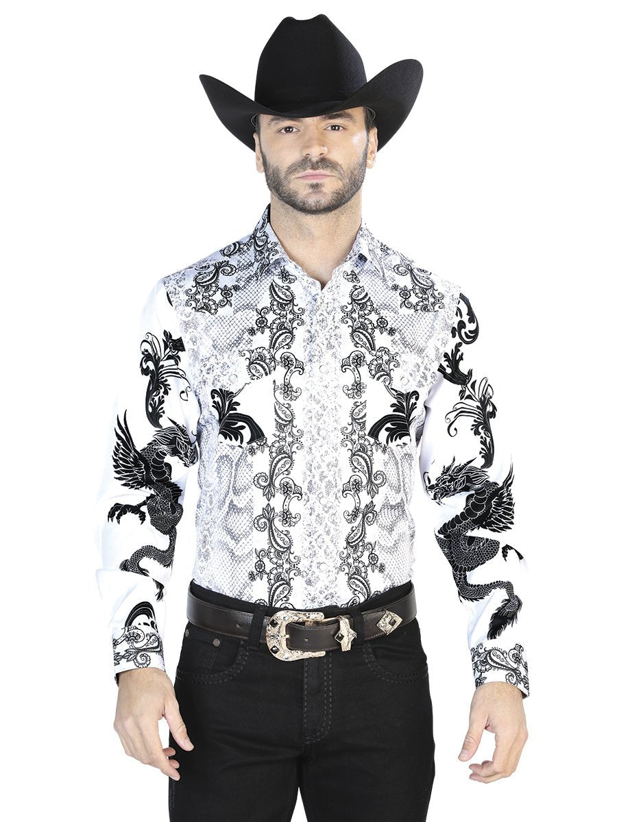 Men's White/Black Printed Long Sleeve Western Shirt 'El Señor de los Cielos' 44066 - BELLEZA'S - Men's White/Black Printed Long Sleeve Western Shirt 'El Señor de los Cielos' 44066 - Mens Shirt - 04406601