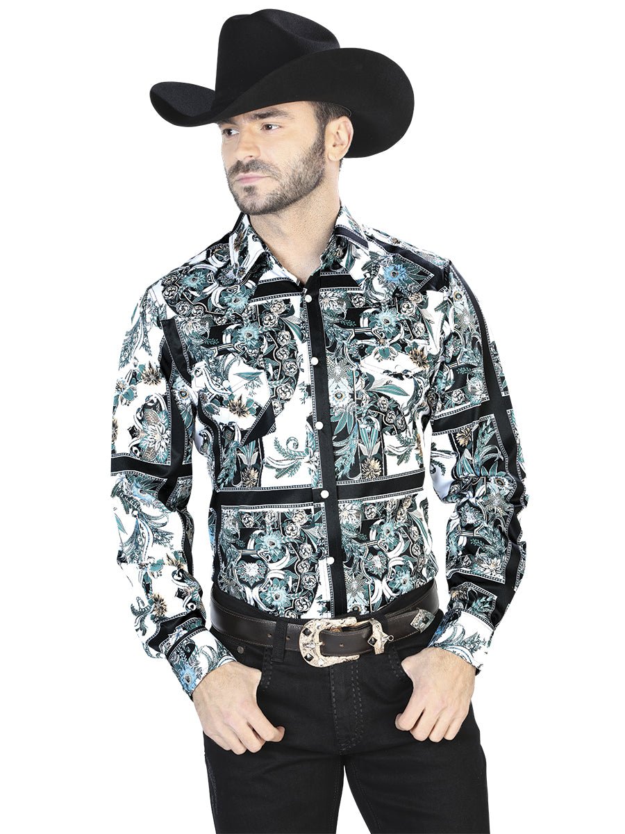 Men's White/BlackPrinted Long Sleeve Western Shirt 'El Señor de los Cielos' 44082 - BELLEZA'S - Men's White/BlackPrinted Long Sleeve Western Shirt 'El Señor de los Cielos' 44082 - Mens Shirt - 04408201