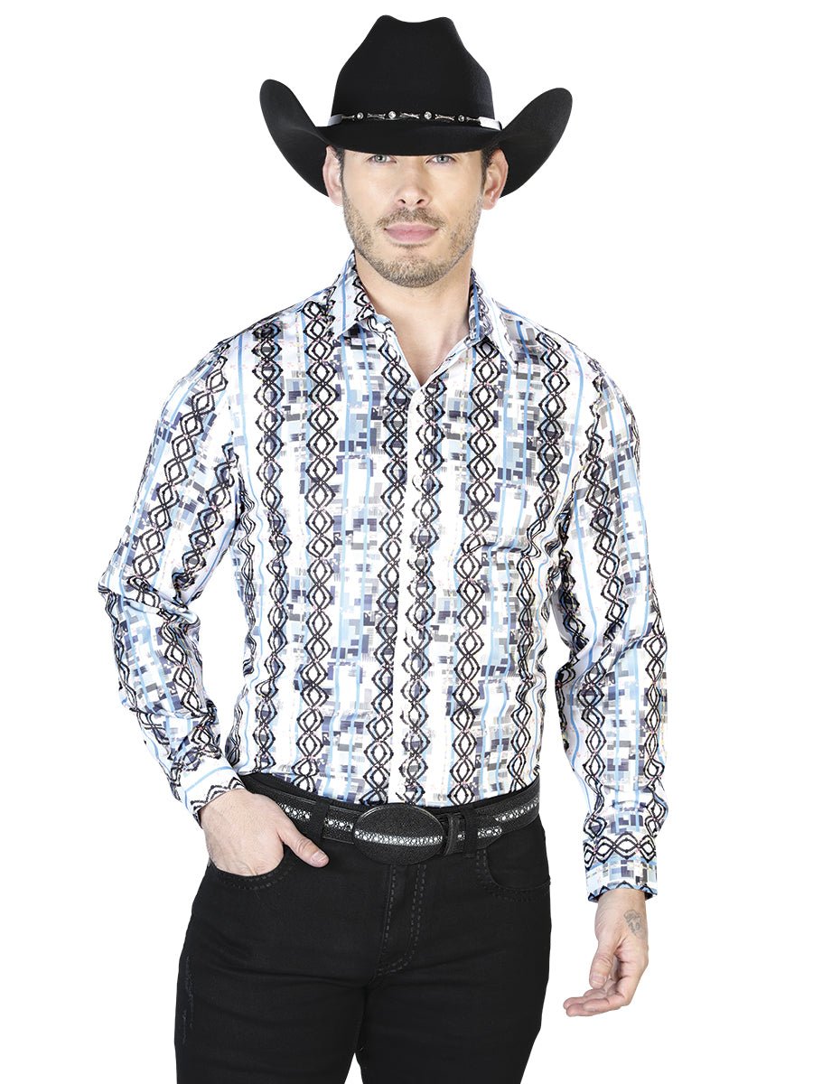Men's White/Blue Printed Long Sleeve Western Shirt 'El Señor de los Cielos' 43940 - BELLEZA'S - Men's White/Blue Printed Long Sleeve Western Shirt 'El Señor de los Cielos' 43940 - Men's Shirt - 04394001