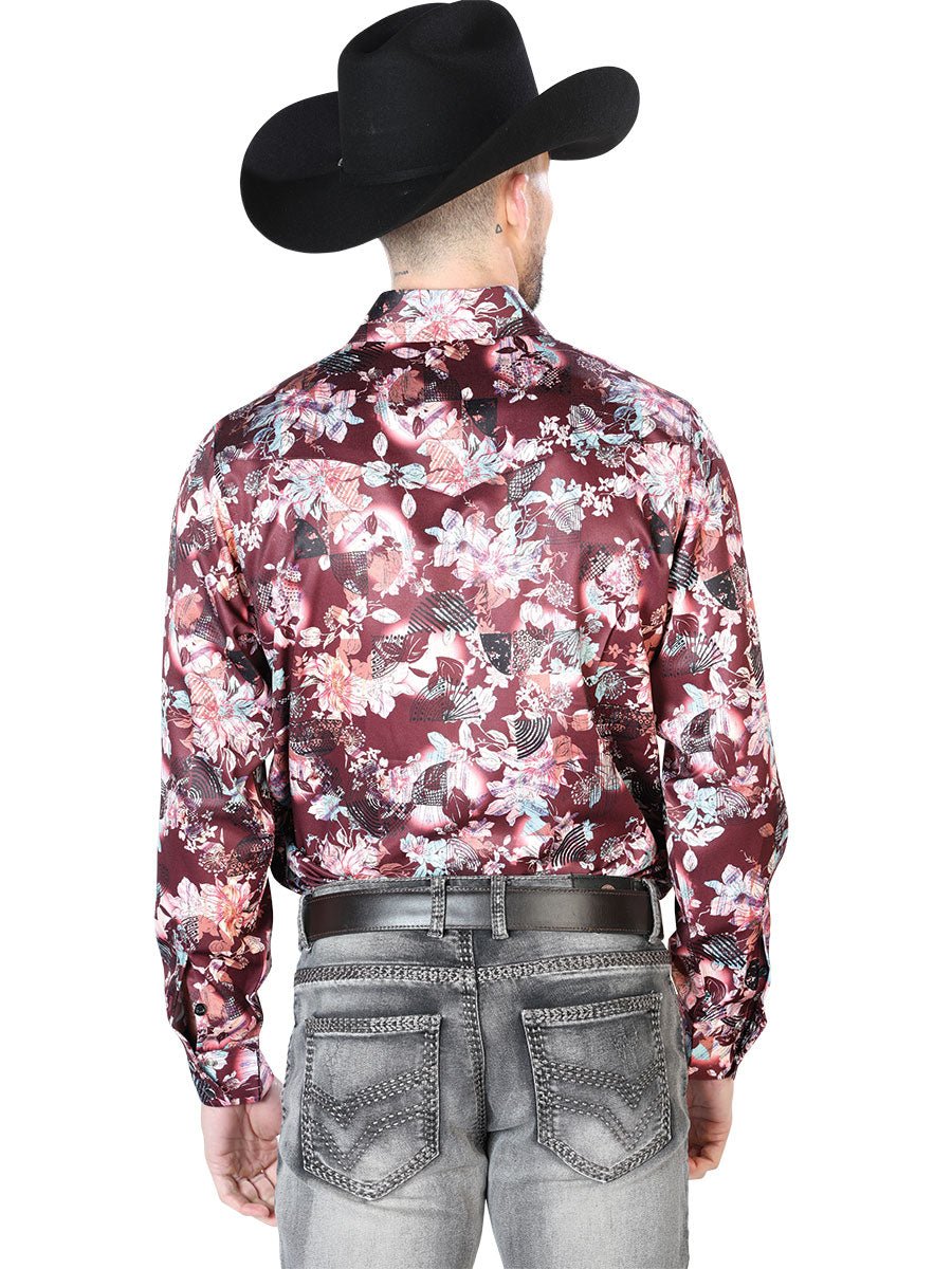 Men's Wine/Beige Flower Printed Long Sleeve Western Shirt 'El Señor de los Cielos' 43936 - BELLEZA'S - Men's Wine/Beige Flower Printed Long Sleeve Western Shirt 'El Señor de los Cielos' 43936 - Men's Shirt - 04393601