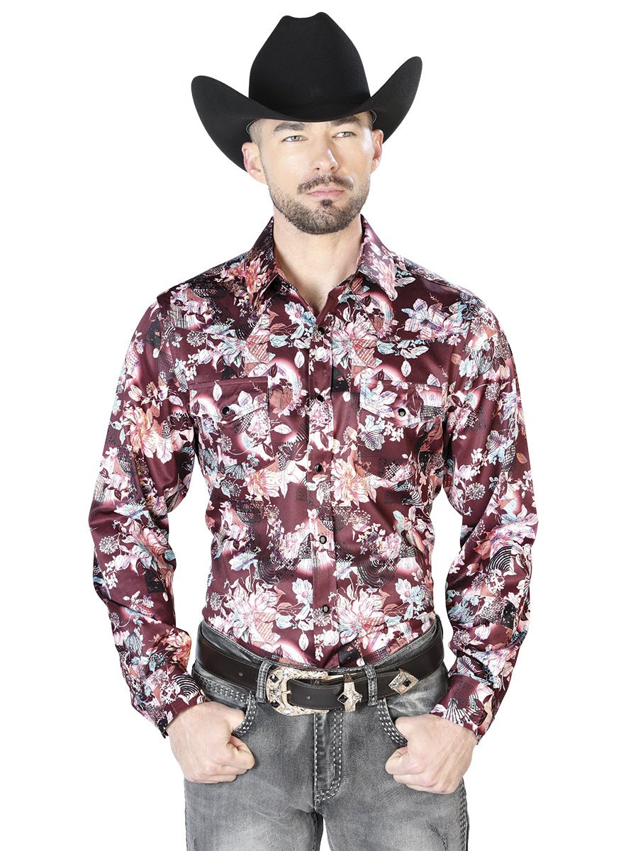 Men's Wine/Beige Flower Printed Long Sleeve Western Shirt 'El Señor de los Cielos' 43936 - BELLEZA'S - Men's Wine/Beige Flower Printed Long Sleeve Western Shirt 'El Señor de los Cielos' 43936 - Men's Shirt - 04393601
