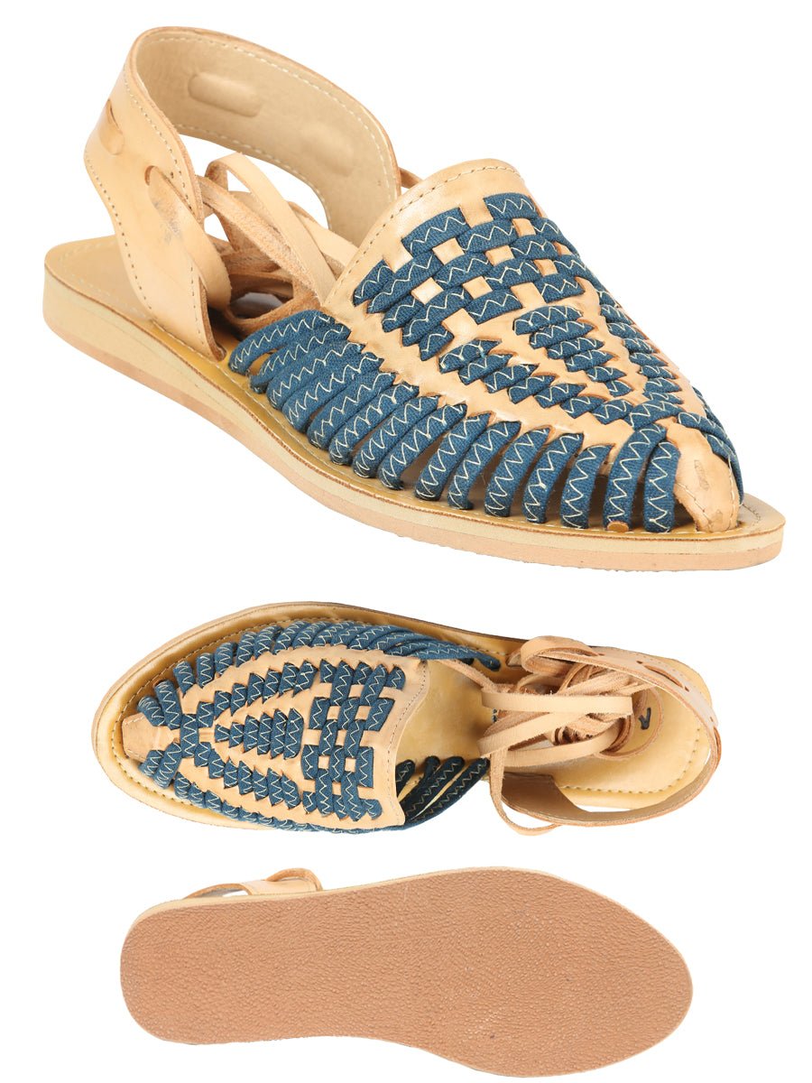 Mexican Artisanal Sandals Leather Tan/Blue 604019 - BELLEZA'S - Mexican Artisanal Sandals Leather Tan/Blue 604019 - DAMA - 60401901
