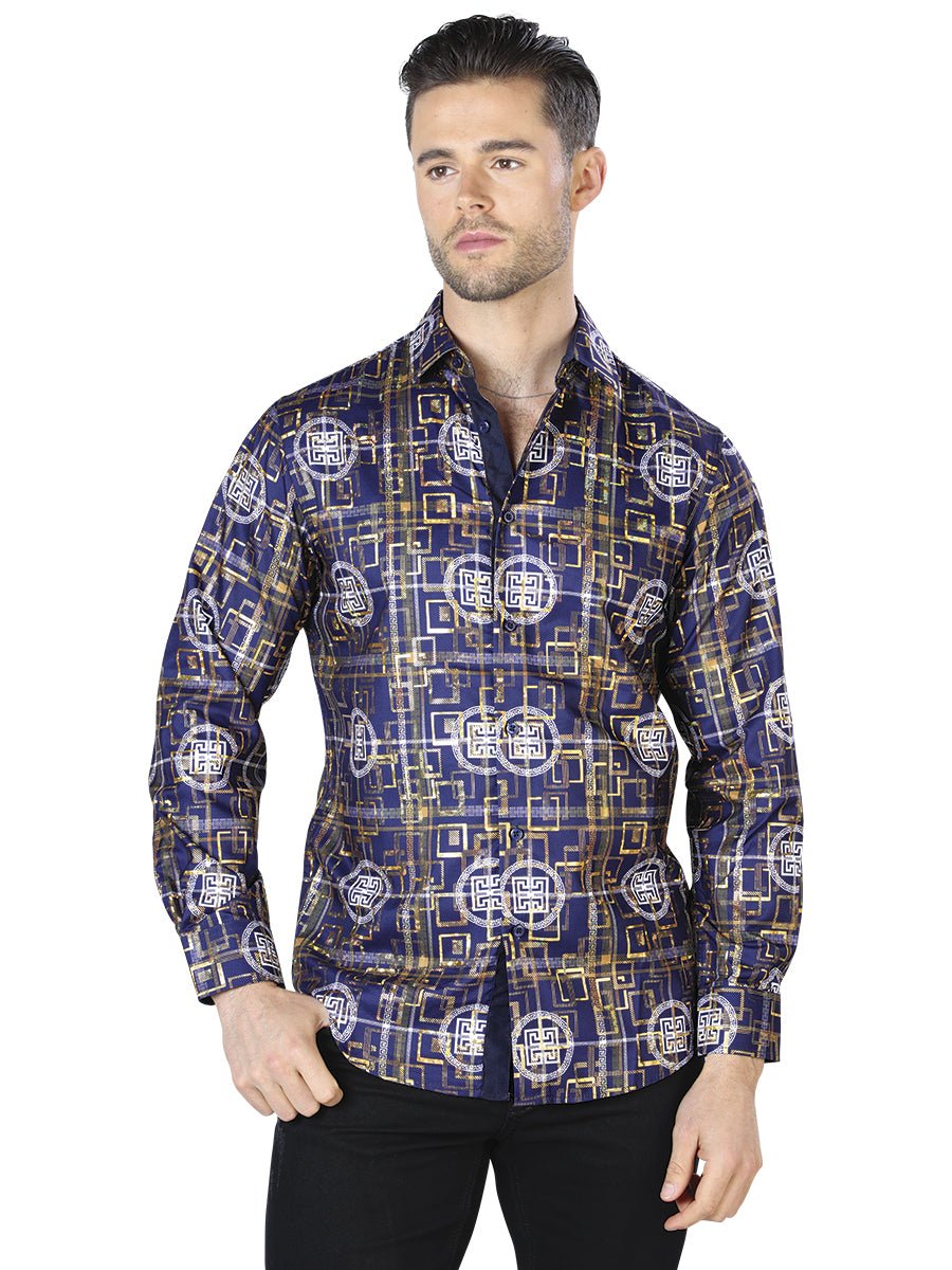 Navy And Gold Casual Long Sleeve Shirt 44014 - BELLEZA'S - Navy And Gold Casual Long Sleeve Shirt 44014 - CABALLERO - 04401401